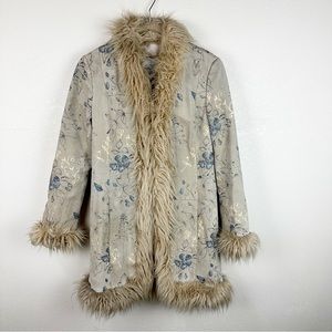 Y2K Penny Lane Faux Fur Suede Long Floral Jacket City Chic Tan Beige Medium